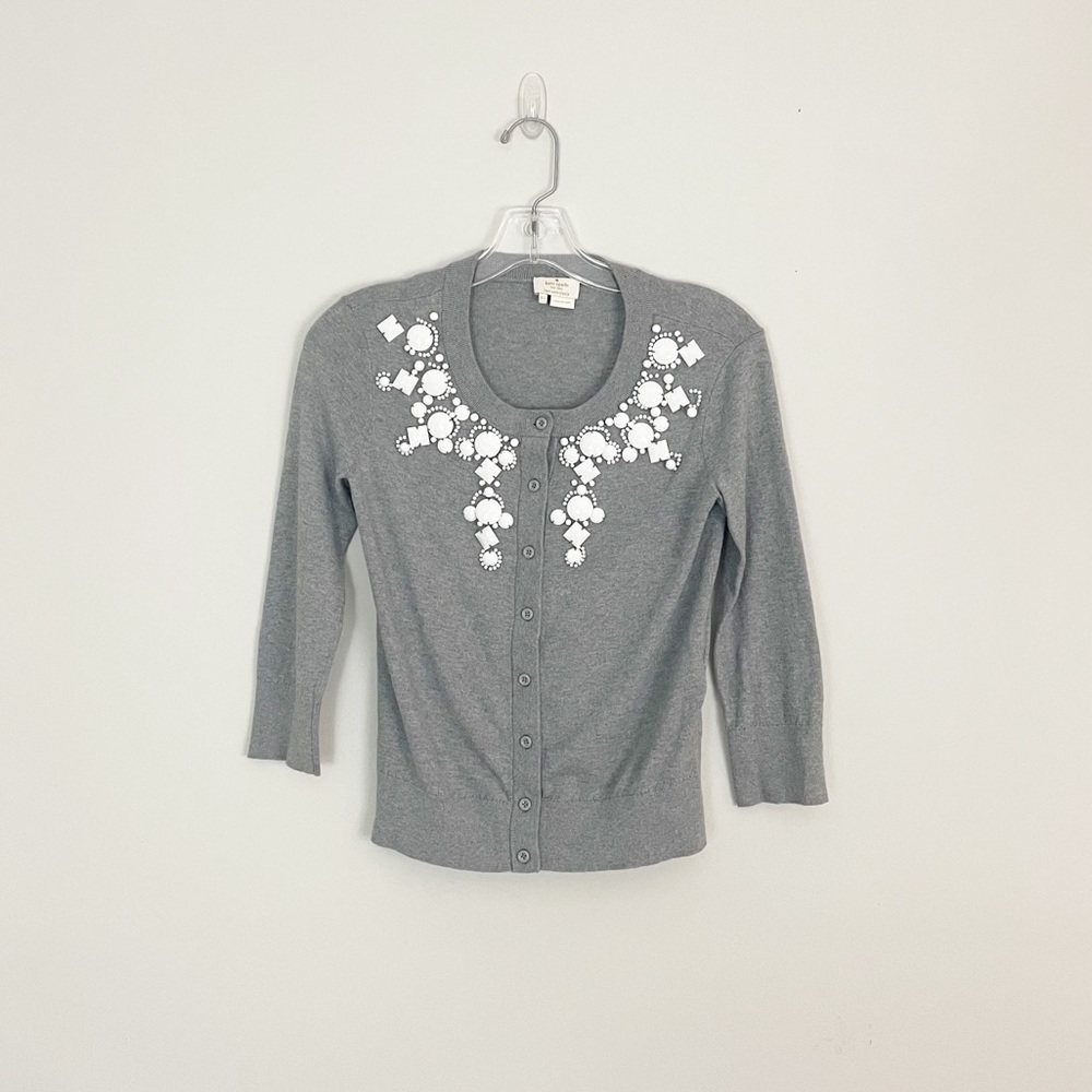Kate Spade Gray Embellished Beaded Cardigan Cashmere Silk Blend Sweater Size XS